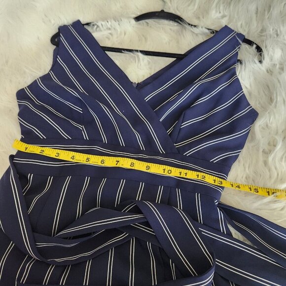 Antonio Melani Sleeveless Dress size 4 Navy Blue White Stripe Belted V Neck - Picture 6 of 12